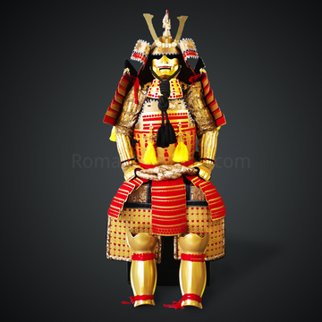 Maeda Toshiie Gold Samurai Armor Oyoroi Style Dragon Maedate Golden Scales With Red Cords on Sode & Haidate